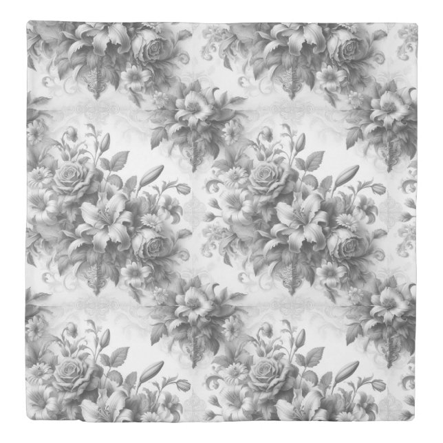 Black & White Antique Floral Perfection Duvet Cover (Front)