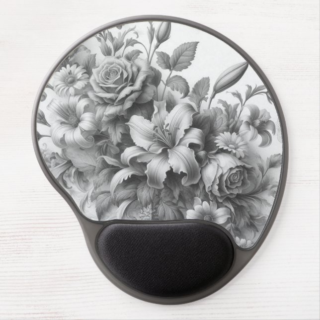 Black & White Antique Floral Perfection Gel Mouse Pad (Front)