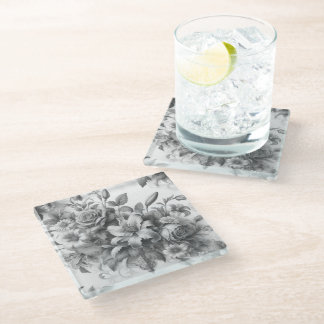 Black & White Antique Floral Perfection Glass Coaster