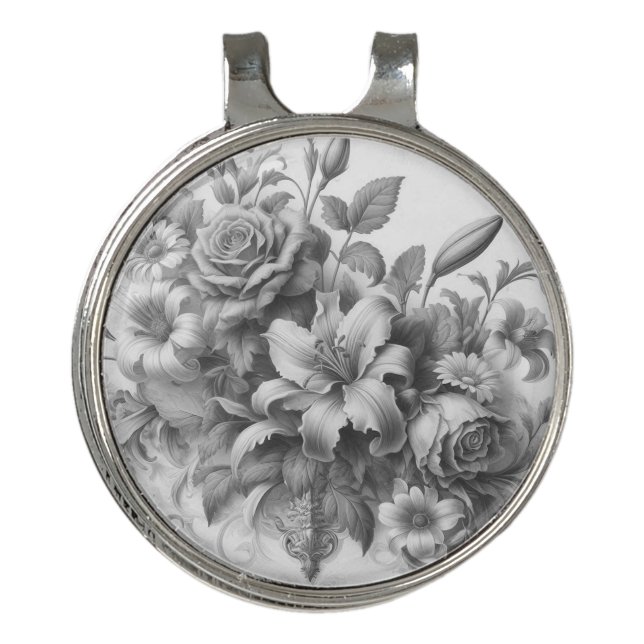 Black & White Antique Floral Perfection Golf Hat Clip (Front)