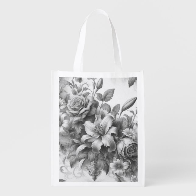 Black & White Antique Floral Perfection Grocery Bag (Front)