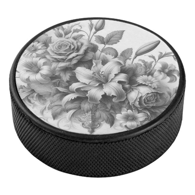 Black & White Antique Floral Perfection Hockey Puck (3/4)