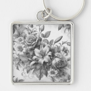 Black & White Antique Floral Perfection Keychain