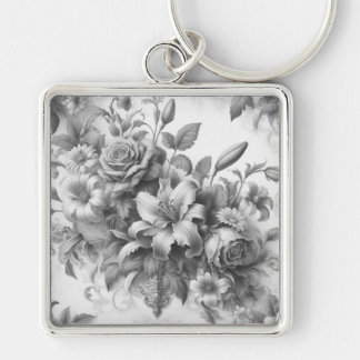 Black & White Antique Floral Perfection Keychain
