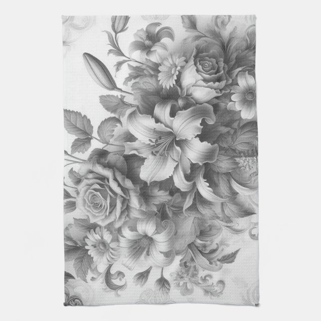 Black & White Antique Floral Perfection Kitchen Towel (Vertical)