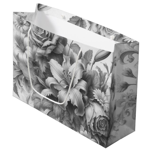 Black & White Antique Floral Perfection Large Gift Bag (Front Angled)
