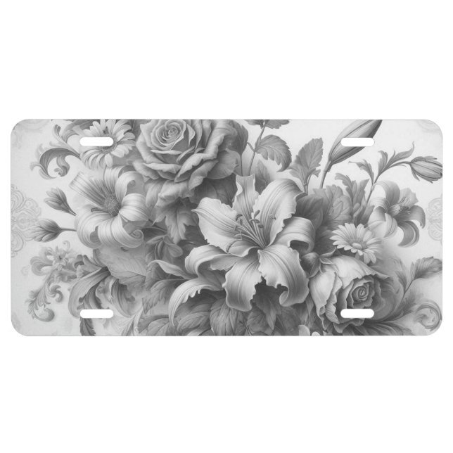 Black & White Antique Floral Perfection License Plate (Front)