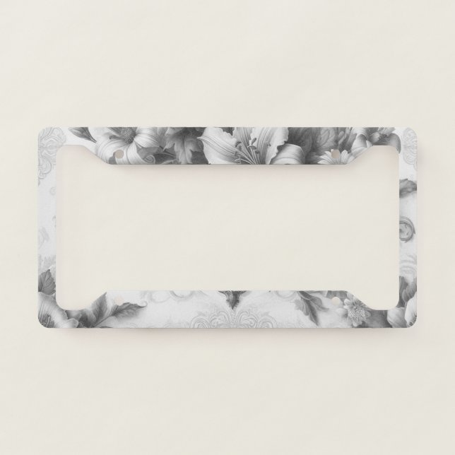 Black & White Antique Floral Perfection License Plate Frame (Front)