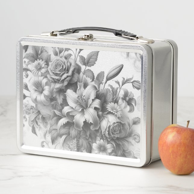 Black & White Antique Floral Perfection Metal Lunch Box (In Situ)