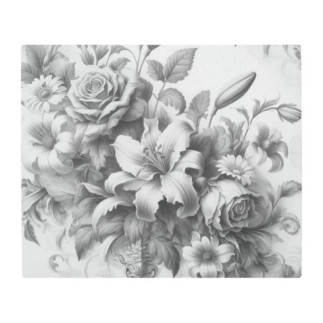 Black & White Antique Floral Perfection Metal Print (Front)