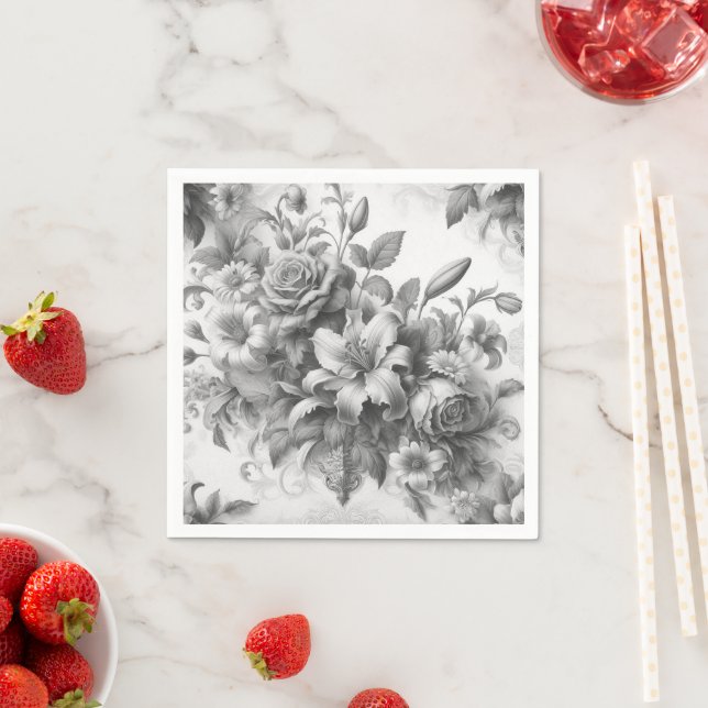 Black & White Antique Floral Perfection Napkins (Insitu)