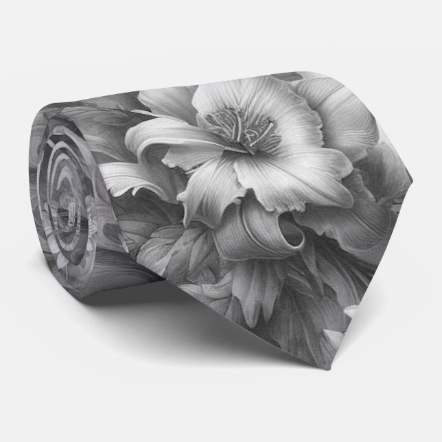 Black & White Antique Floral Perfection Neck Tie (Rolled)