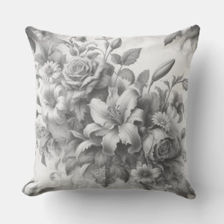 Black & White Antique Floral Perfection Outdoor Pillow