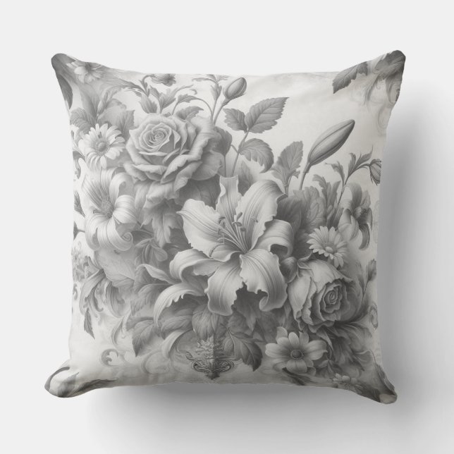 Black & White Antique Floral Perfection Outdoor Pillow (Front)