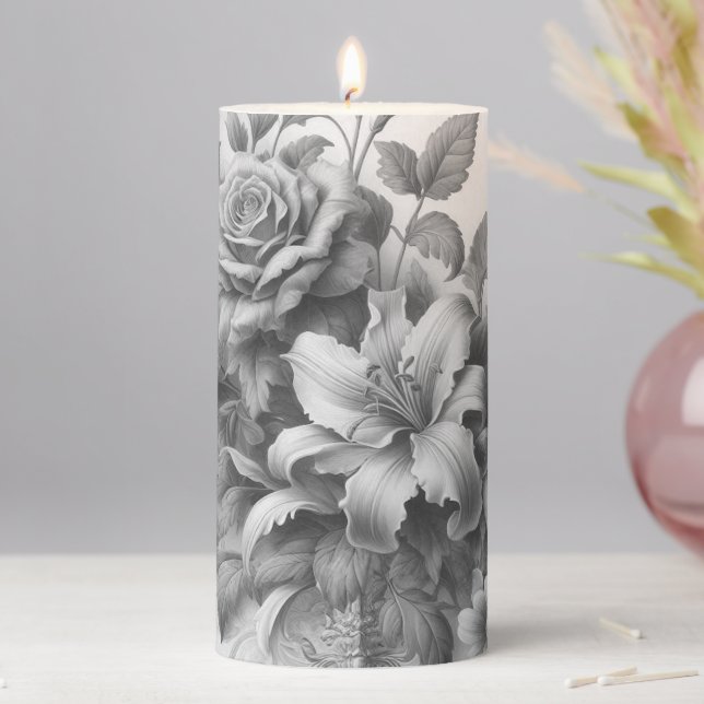 Black & White Antique Floral Perfection Pillar Candle (In Situ)