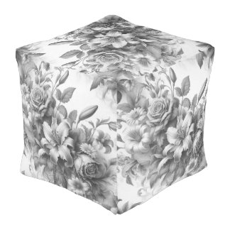 Black & White Antique Floral Perfection Pouf