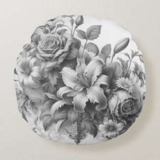 Black & White Antique Floral Perfection Round Pillow