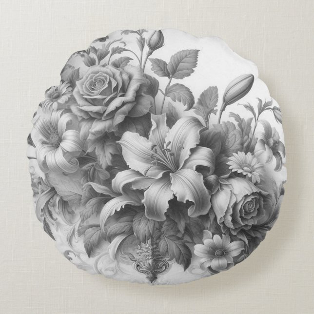 Black & White Antique Floral Perfection Round Pillow (Front)