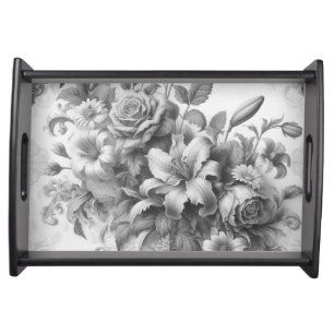 Black & White Antique Floral Perfection Serving Tray