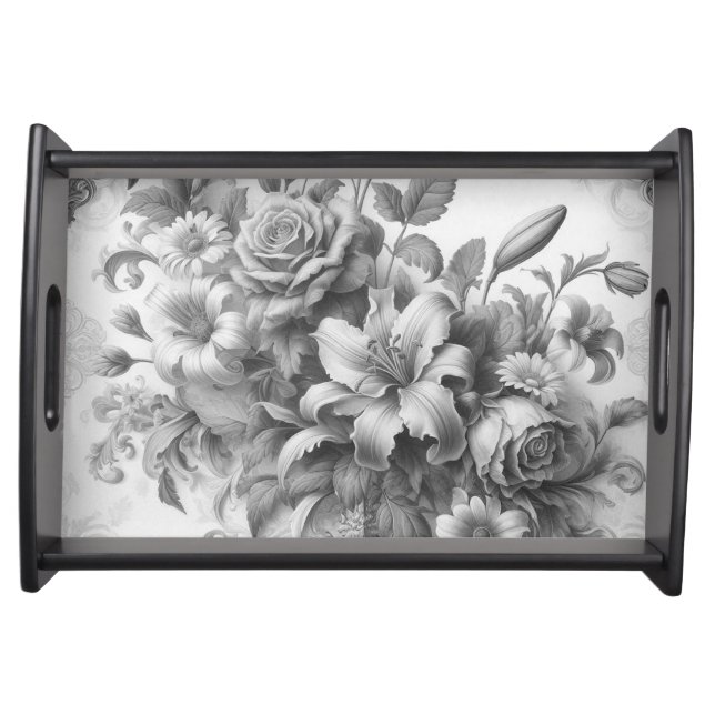 Black & White Antique Floral Perfection Serving Tray (Front)