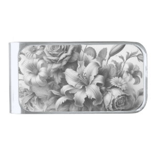 Black & White Antique Floral Perfection Silver Finish Money Clip