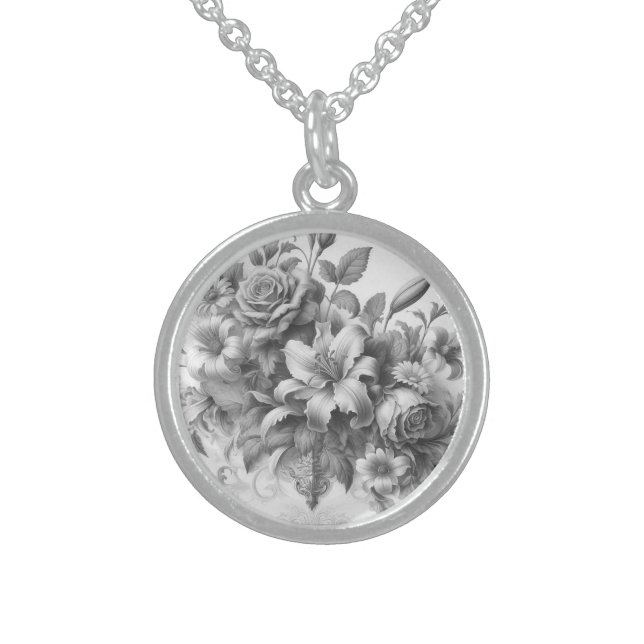Black & White Antique Floral Perfection Sterling Silver Necklace (Front)