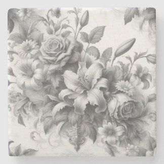 Black & White Antique Floral Perfection Stone Coaster