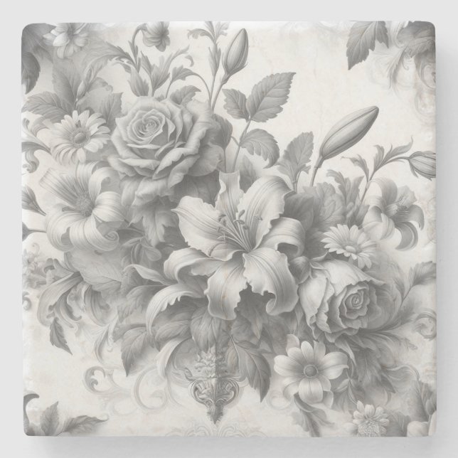 Black & White Antique Floral Perfection Stone Coaster (Front)
