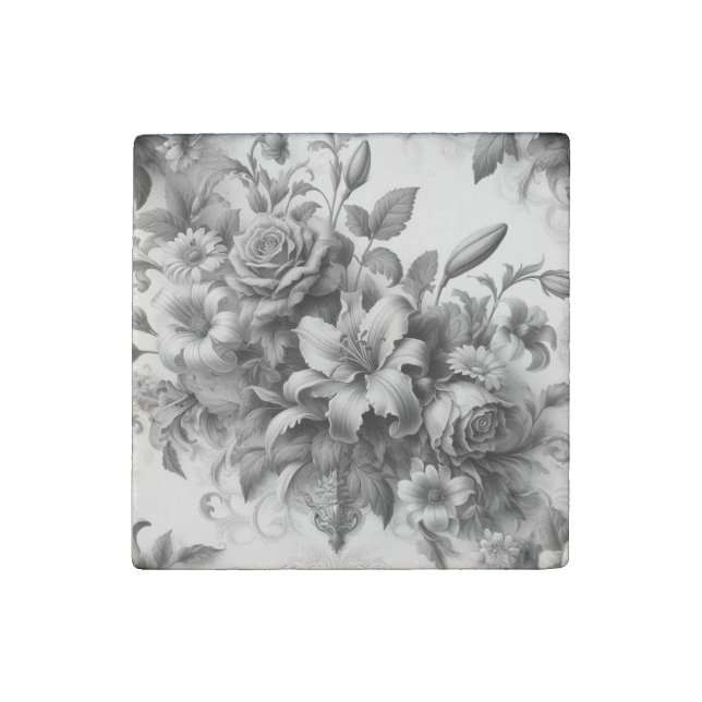 Black & White Antique Floral Perfection Stone Magnet (Front)
