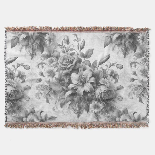 Black & White Antique Floral Perfection Throw Blanket (Front)