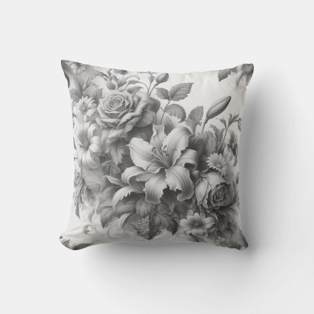 Black & White Antique Floral Perfection Throw Pillow (Front)