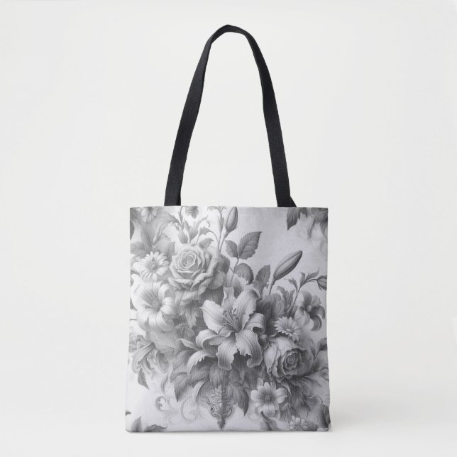 Black & White Antique Floral Perfection Tote Bag (Front)