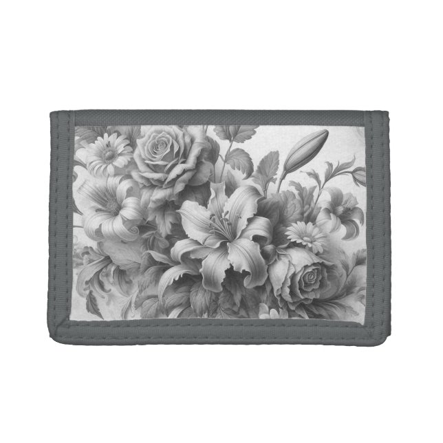 Black & White Antique Floral Perfection Trifold Wallet (Front)