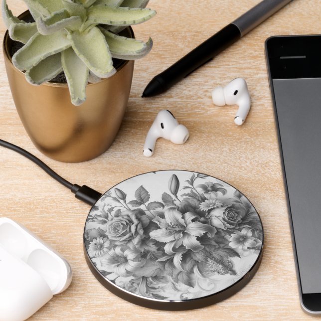Black & White Antique Floral Perfection Wireless Charger (Desk 2)