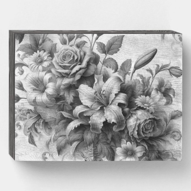 Black & White Antique Floral Perfection Wooden Box Sign (Front Horizontal)