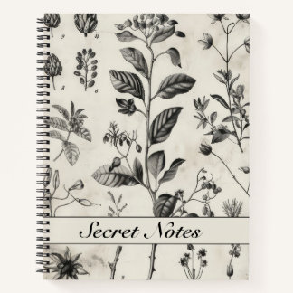 Black  White Antique Old Botanical 2 Notebook