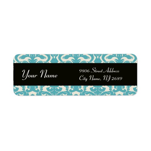 BLACK WHITE AQUA BLUE TEAL DAMASK LABEL