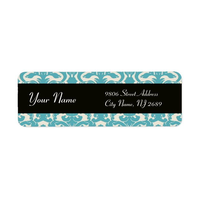 BLACK WHITE AQUA BLUE TEAL DAMASK LABEL (Front)