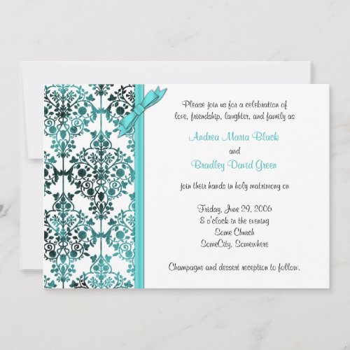 Black White Aqua Damask Floral Wedding Invitation