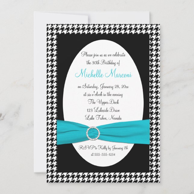 Black White Aqua Houndstooth 30th Birthday Invite (Front)