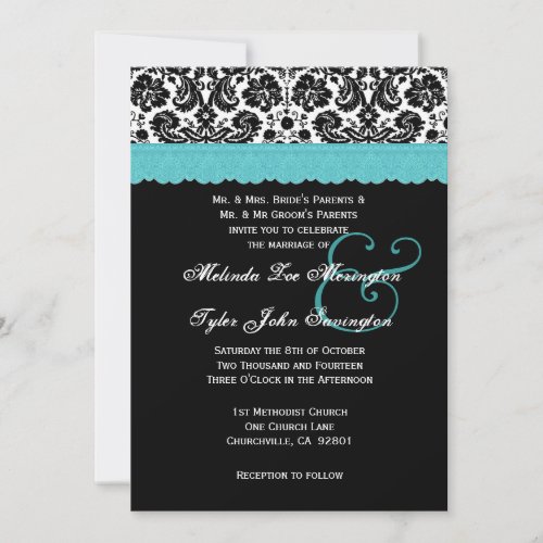 Black White Aqua Lace Flower Damask Wedding V21 Invitation