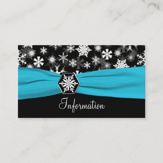 Black, White, Aqua Snowflakes Information card (Front)