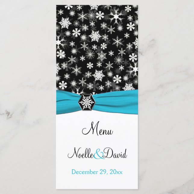 Black, White, Aqua Snowflakes Menu Card (Front)