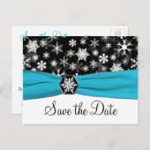 Black, White, Aqua Snowflakes Save the Date Card (Front/Back)