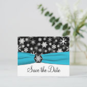 Black, White, Aqua Snowflakes Save the Date Card (Standing Front)