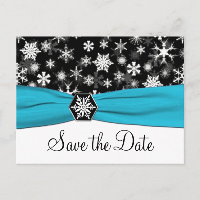 Black, White, Aqua Snowflakes Save the Date Card (Front)