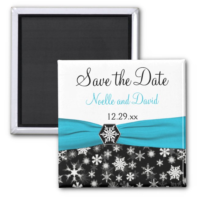 Black, White, Aqua Snowflakes Save the Date Magnet (Front)