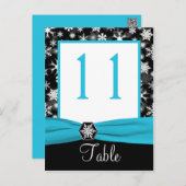 Black, White, Aqua Snowflakes Table Number Card (Front/Back)