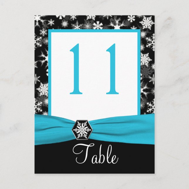Black, White, Aqua Snowflakes Table Number Card (Front)