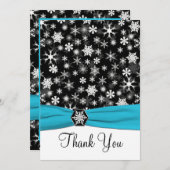 Black, White, Aqua Snowflakes Thank You Card-Flat Invitation (Front/Back)
